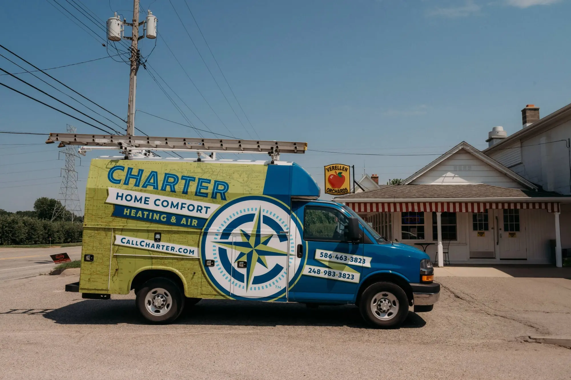 Charter home comfort van Parked in front of Verellen Cider Mill Washington Township Michigan   